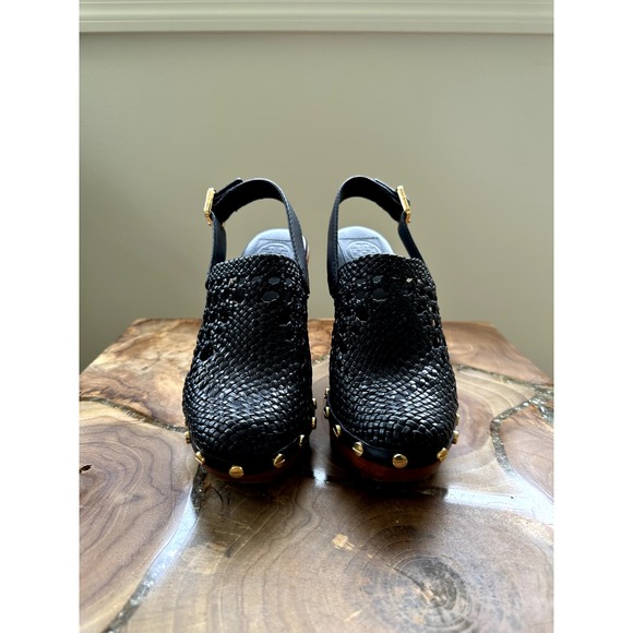 EUC Tory Burch Widdianne Woven Navy Blue Leather Platform Clogs size 5.5 (012) - Picture 2 of 5